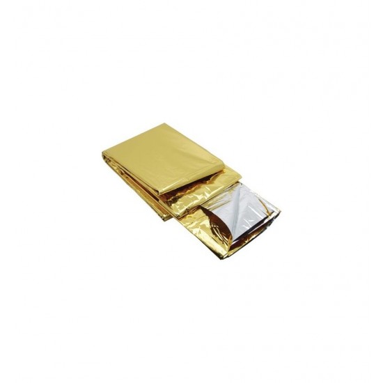 Folie supravietuire, accidente, soc, arsuri, semnalizare aurie - argintie, 213 x 132 cm, 50 grame Folie supravietuire, accidente, soc, arsuri, semnalizare aurie - argintie, 213 x 132 cm, 50 grame